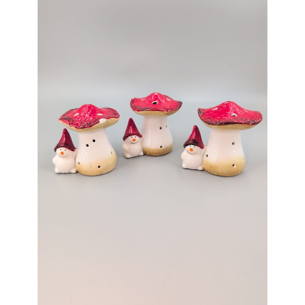 3 mushroom gnome snowman ceramic‎ Christmas decor figurines